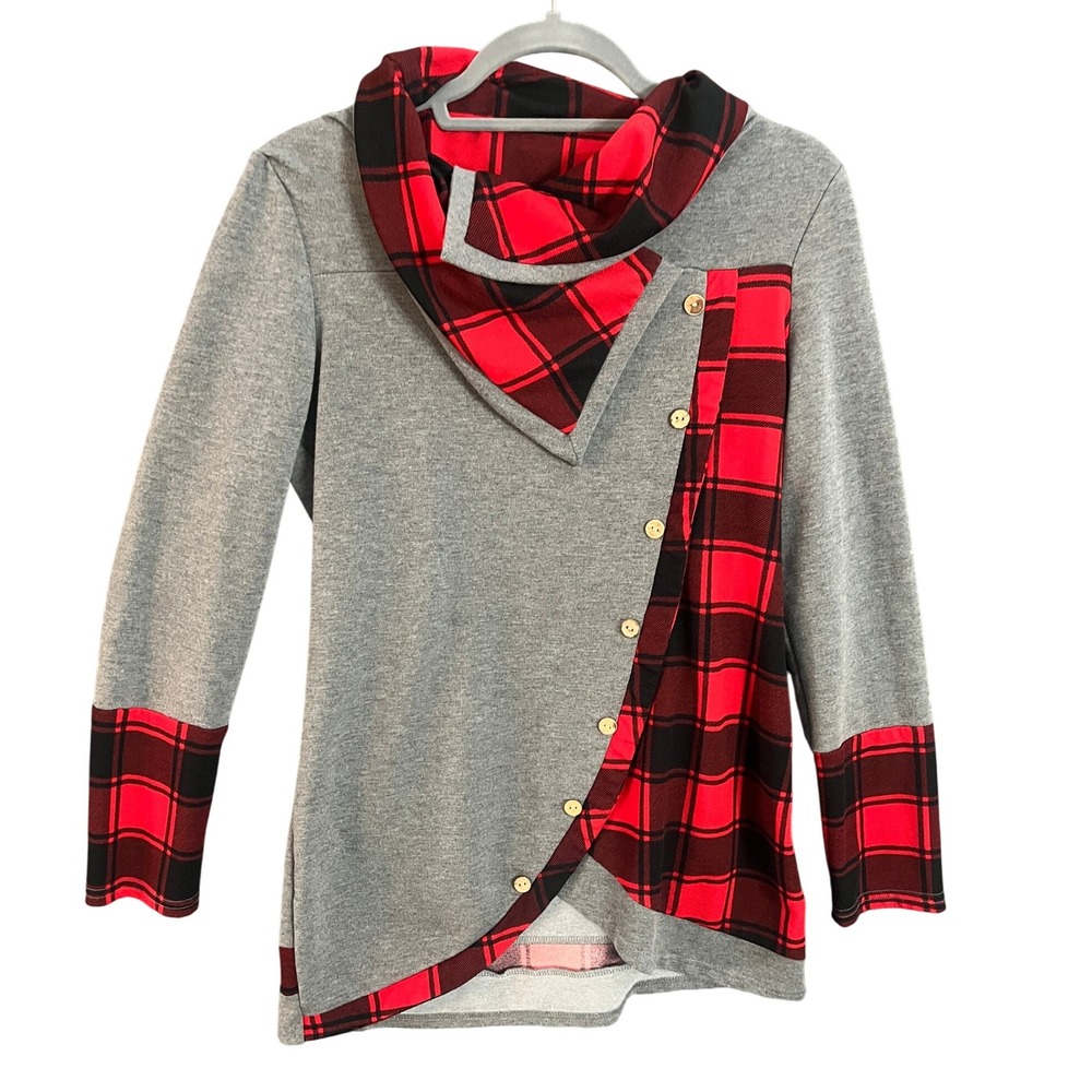 DRESSFO Plaid Asymmetrical Tunic Top Womens Gray Red Black Button Detail Sz 12